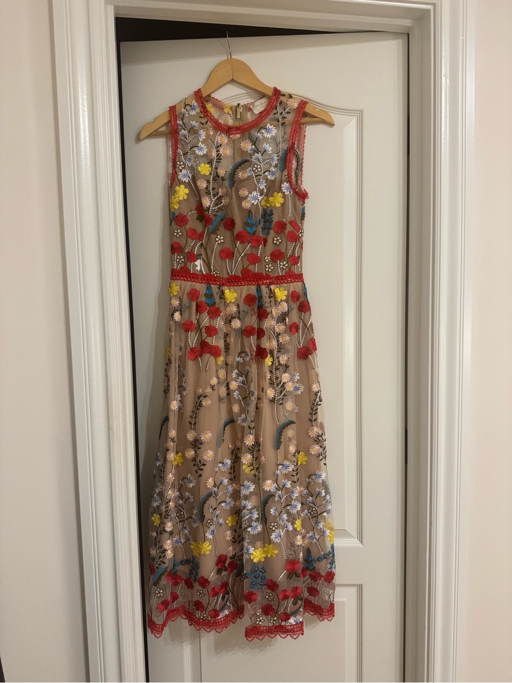 Floral Embroidered Party Dress with Red Trim